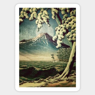 5 Lakes at Moonlight - Winter Mountain by the Ocean Ukiyoe Nature Landscape in White and Blue Sticker